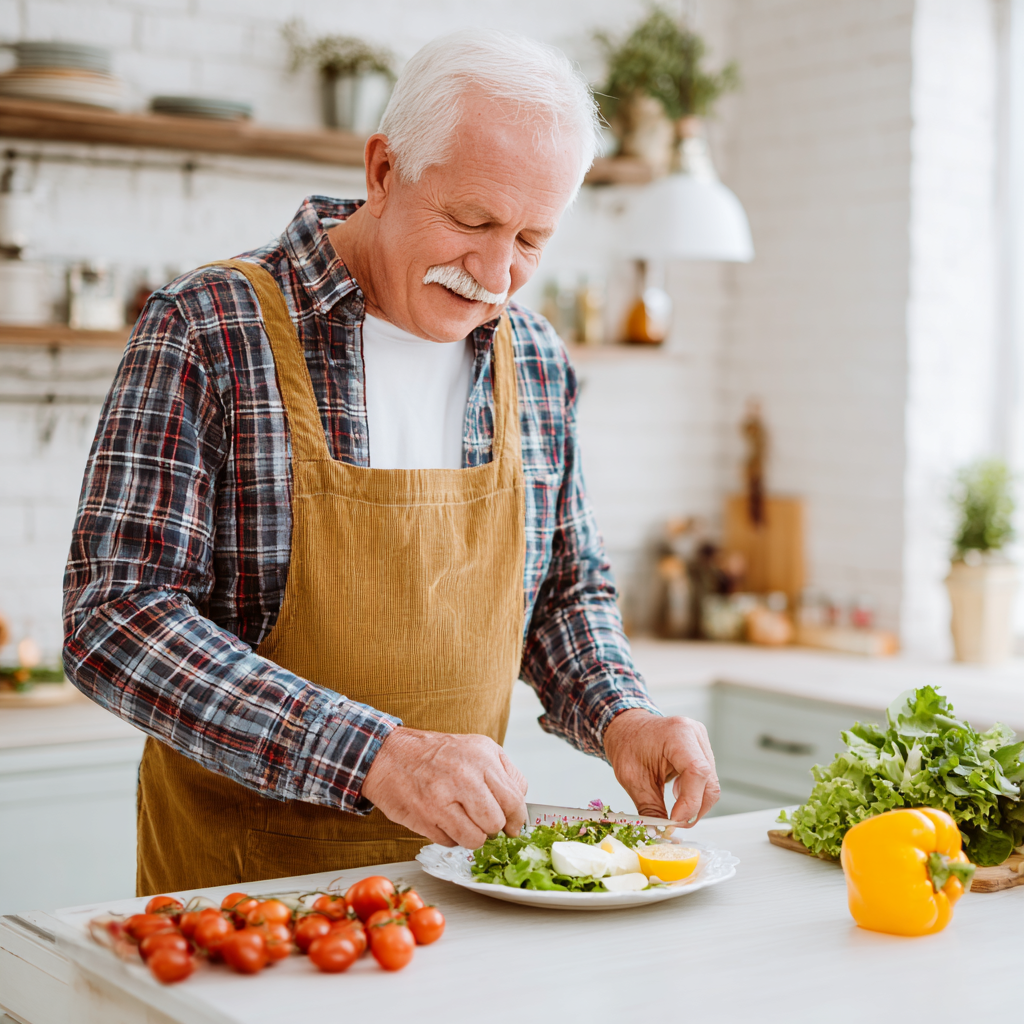 Smiling middle-aged Ukrainian woman holding a colorful plate of fresh vegetables and grains while sitting at a wooden table with natural lighting