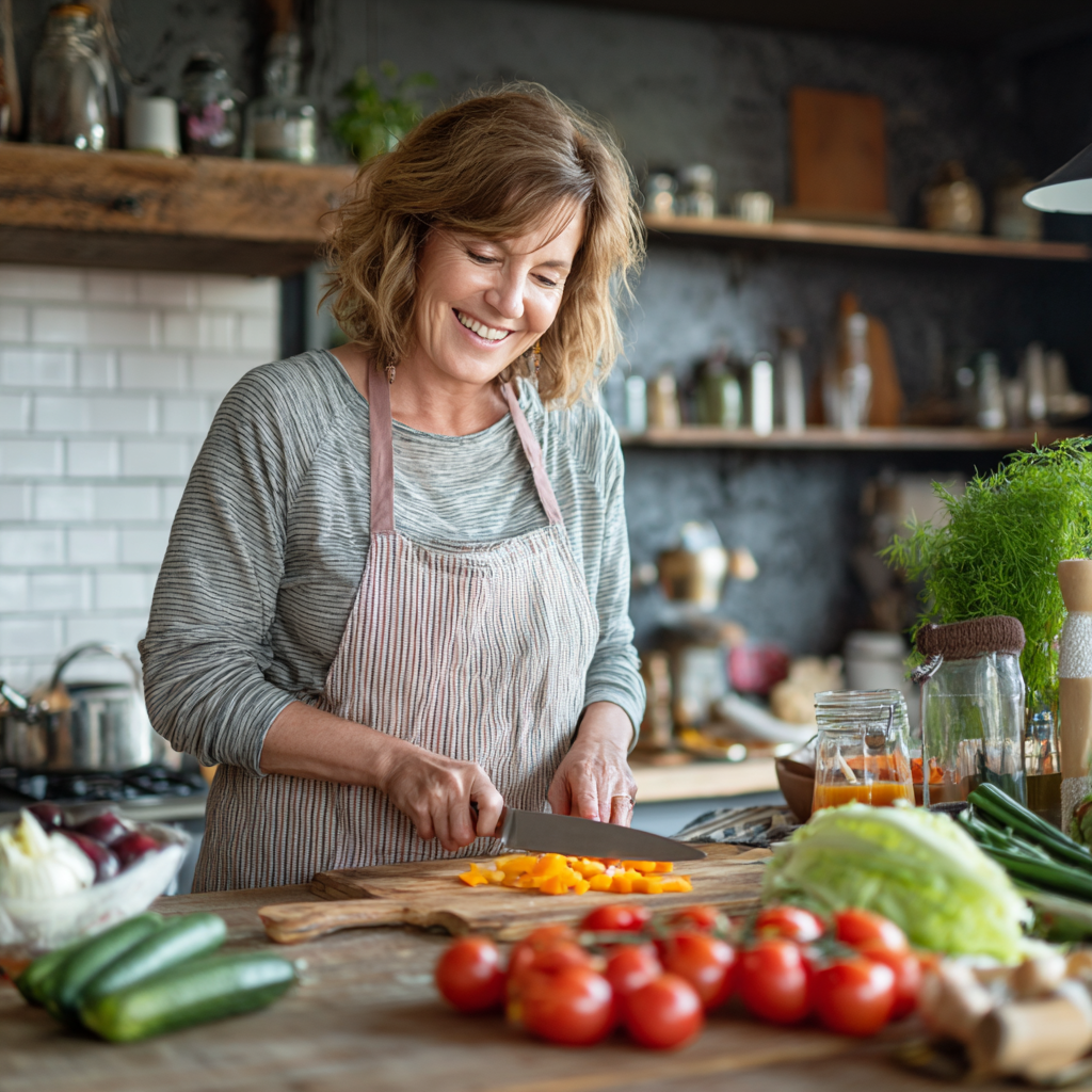Group of diverse Ukrainian adults in their 50s and 60s enjoying a picnic outdoors with fresh local foods, laughing and displaying vibrant energy and wellness